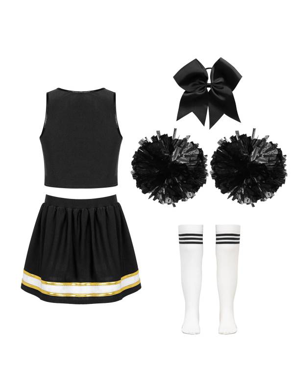 Kids Girls 7pcs Sleeveless Letter Print Crop Top and Skirt Cheerleading Set thumb