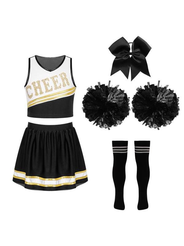 Kids Girls 7pcs Sleeveless Letter Print Crop Top and Skirt Cheerleading Set thumb