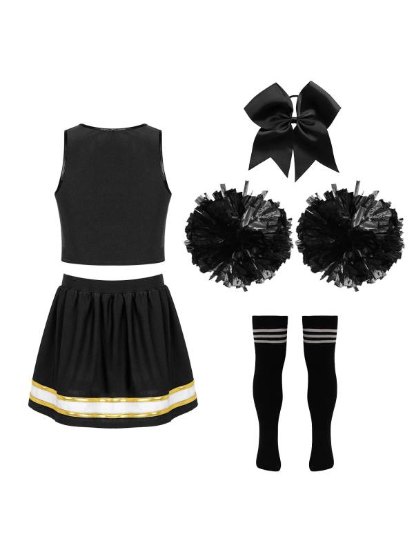 Kids Girls 7pcs Sleeveless Letter Print Crop Top and Skirt Cheerleading Set thumb
