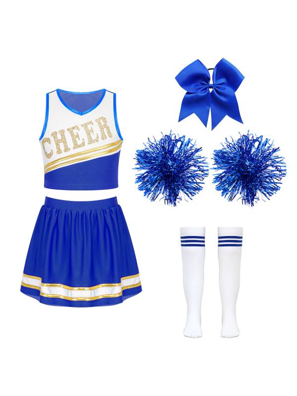 Kids Girls 7pcs Sleeveless Letter Print Crop Top and Skirt Cheerleading Set thumb