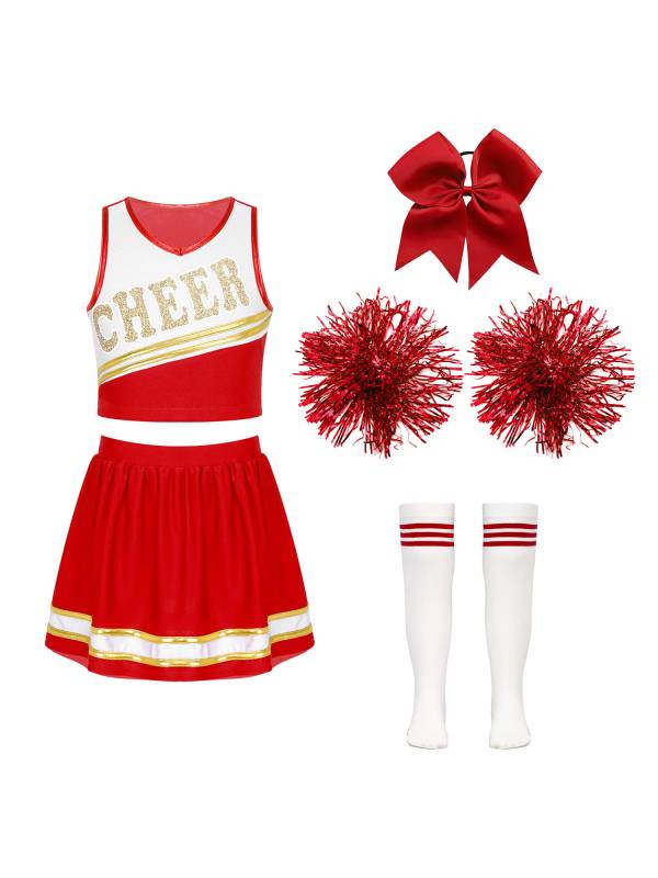 Kids Girls 7pcs Sleeveless Letter Print Crop Top and Skirt Cheerleading Set thumb