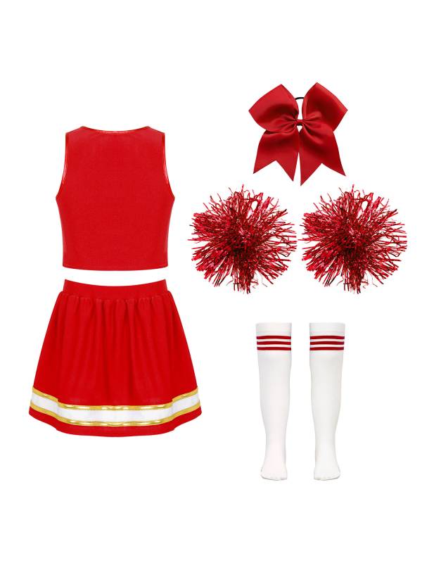 Kids Girls 7pcs Sleeveless Letter Print Crop Top and Skirt Cheerleading Set thumb