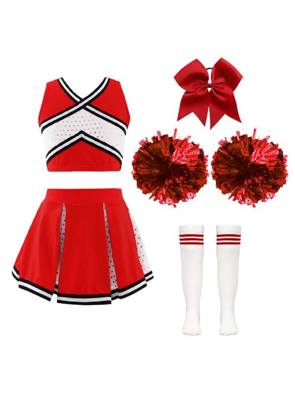 Kids Girls 7pcs Sequins V Neckline Crop Top and Pleated Skirt Cheerleading Set thumb