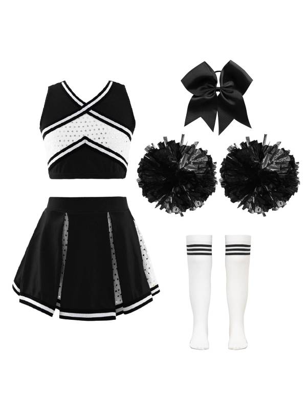 Kids Girls 7pcs Sequins V Neckline Crop Top and Pleated Skirt Cheerleading Set thumb