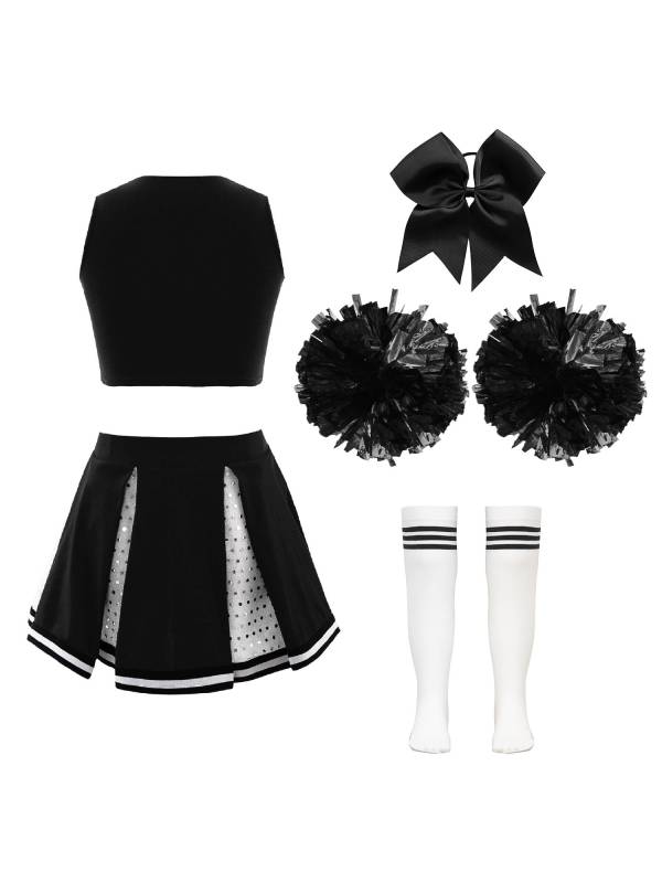 Kids Girls 7pcs Sequins V Neckline Crop Top and Pleated Skirt Cheerleading Set thumb