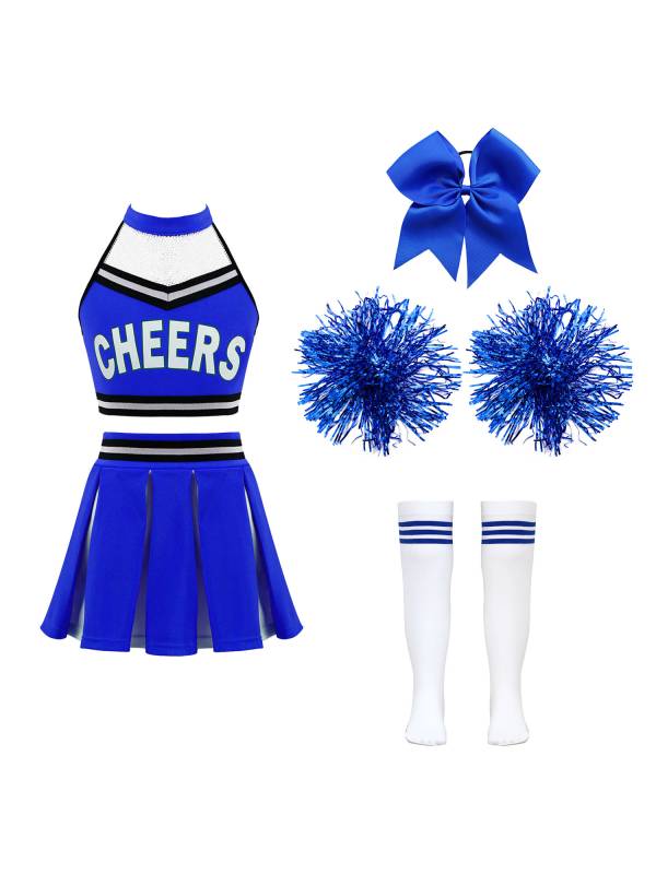 Kids Girls Halter Neck Letter Print Crop Top and Pleated Skirt Cheerleading Set thumb