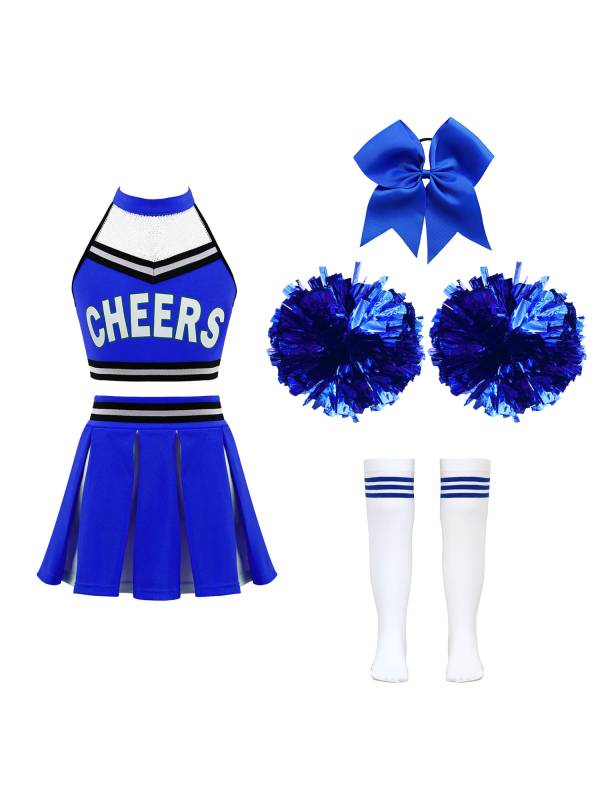 Kids Girls Halter Neck Letter Print Crop Top and Pleated Skirt Cheerleading Set thumb