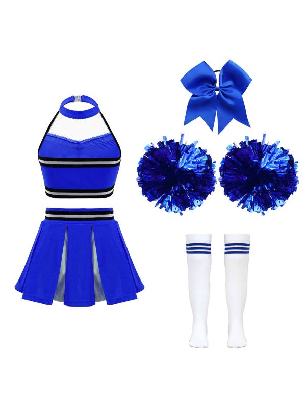 Kids Girls Halter Neck Letter Print Crop Top and Pleated Skirt Cheerleading Set thumb