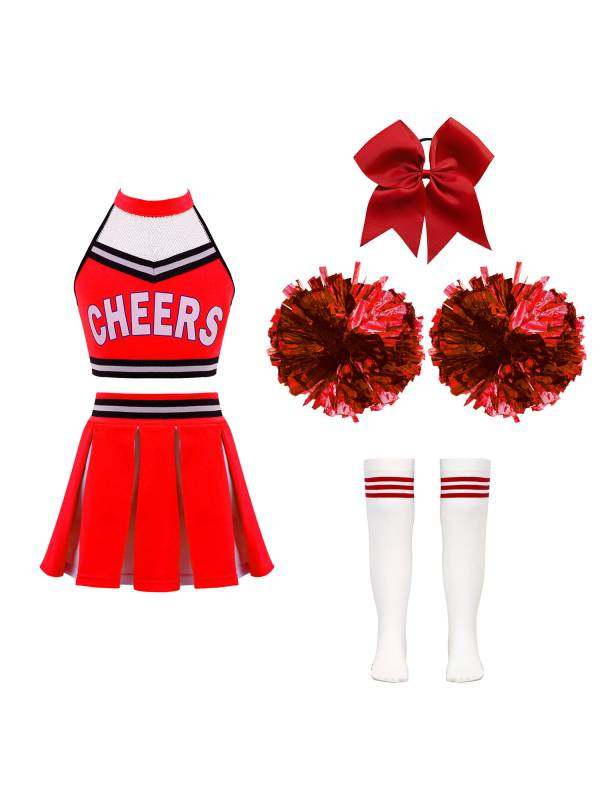 Kids Girls Halter Neck Letter Print Crop Top and Pleated Skirt Cheerleading Set thumb