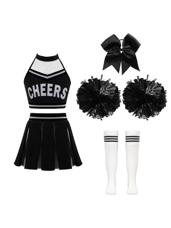 Kids Girls Halter Neck Letter Print Crop Top and Pleated Skirt Cheerleading Set thumb