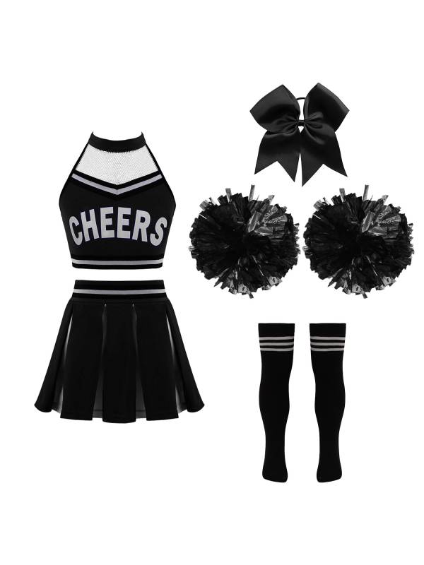 Kids Girls Halter Neck Letter Print Crop Top and Pleated Skirt Cheerleading Set thumb