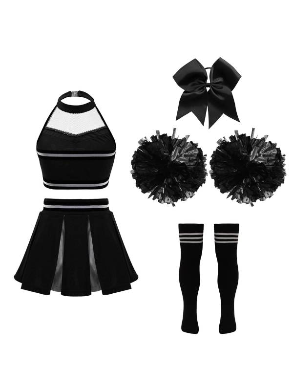 Kids Girls Halter Neck Letter Print Crop Top and Pleated Skirt Cheerleading Set thumb