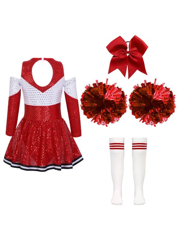 Kids Girls Long Sleeve Off-Shoulder Sequins Cheerleading Dress with Socks thumb