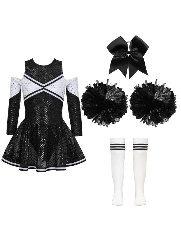 Kids Girls Long Sleeve Off-Shoulder Sequins Cheerleading Dress with Socks thumb