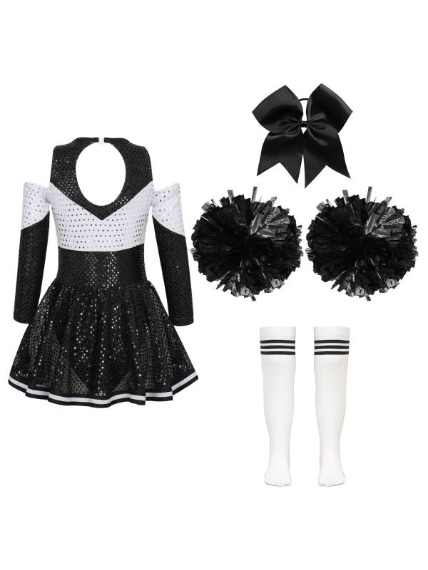 Kids Girls Long Sleeve Off-Shoulder Sequins Cheerleading Dress with Socks thumb