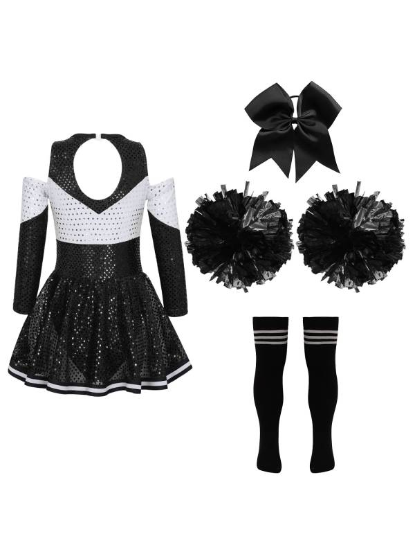 Kids Girls Long Sleeve Off-Shoulder Sequins Cheerleading Dress with Socks thumb