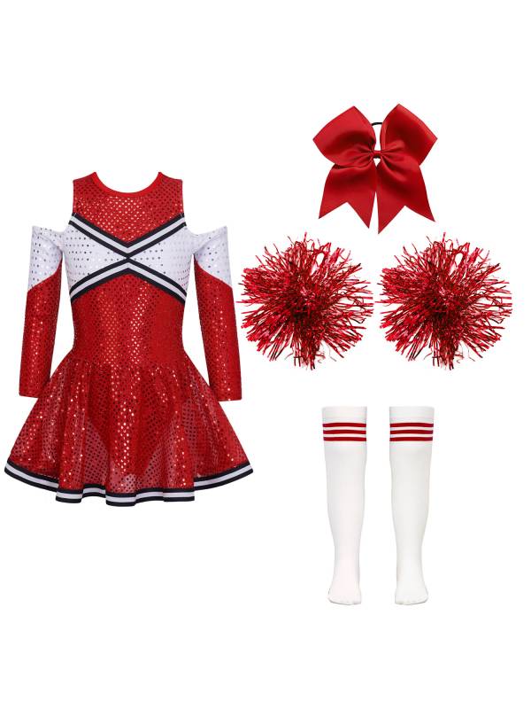 Kids Girls Long Sleeve Off-Shoulder Sequins Cheerleading Dress with Socks thumb