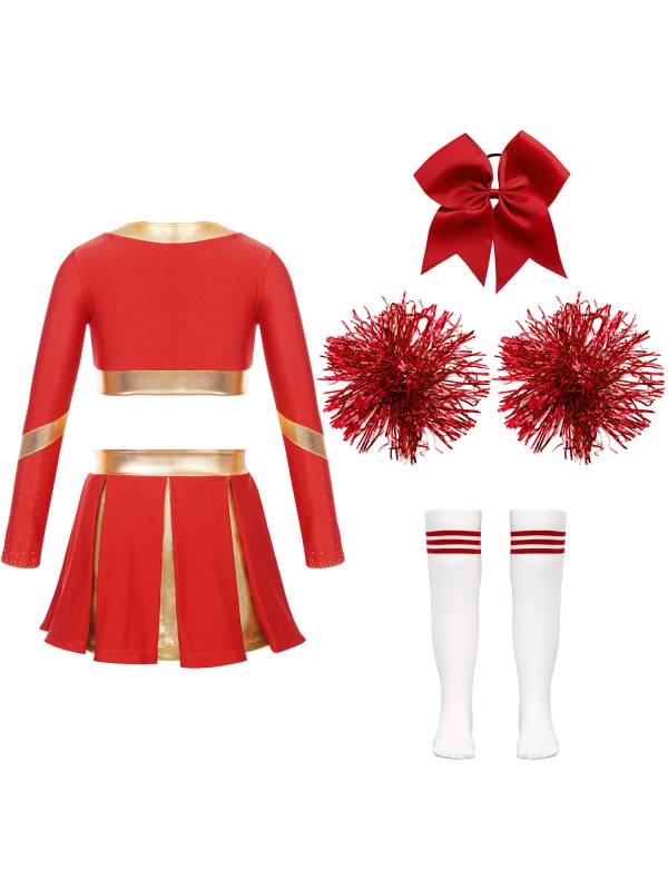 Kids Girls Long Sleeve Crop Top with Pleated Skirt Cheerleading Sets thumb