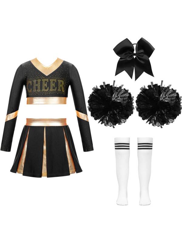 Kids Girls Long Sleeve Crop Top with Pleated Skirt Cheerleading Sets thumb