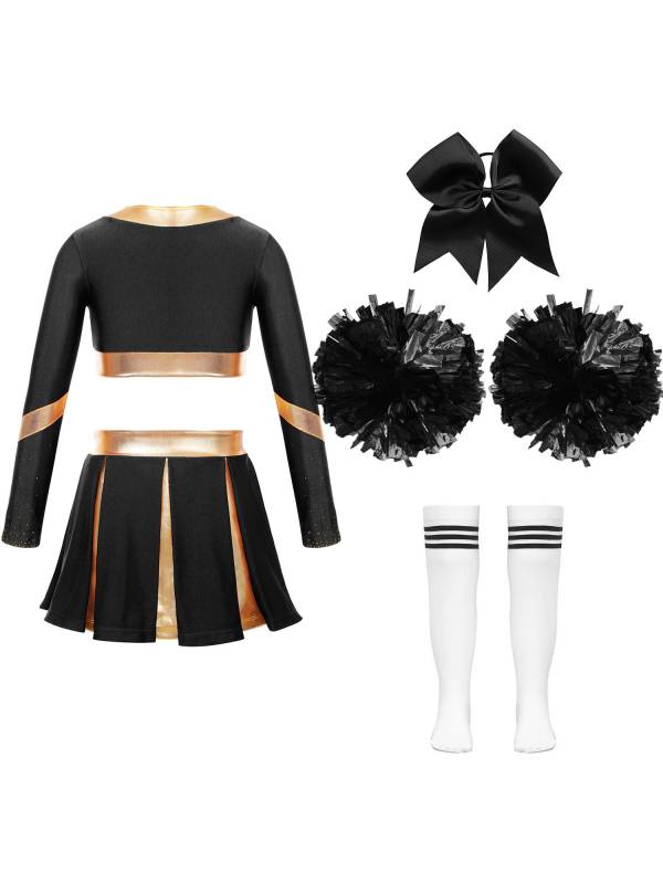 Kids Girls Long Sleeve Crop Top with Pleated Skirt Cheerleading Sets thumb