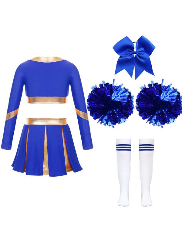Kids Girls Long Sleeve Crop Top with Pleated Skirt Cheerleading Sets thumb