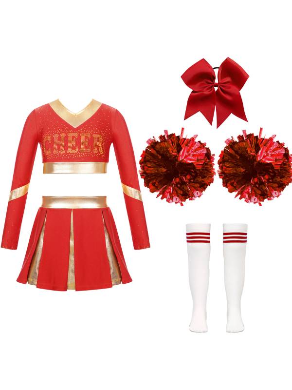 Kids Girls Long Sleeve Crop Top with Pleated Skirt Cheerleading Sets thumb