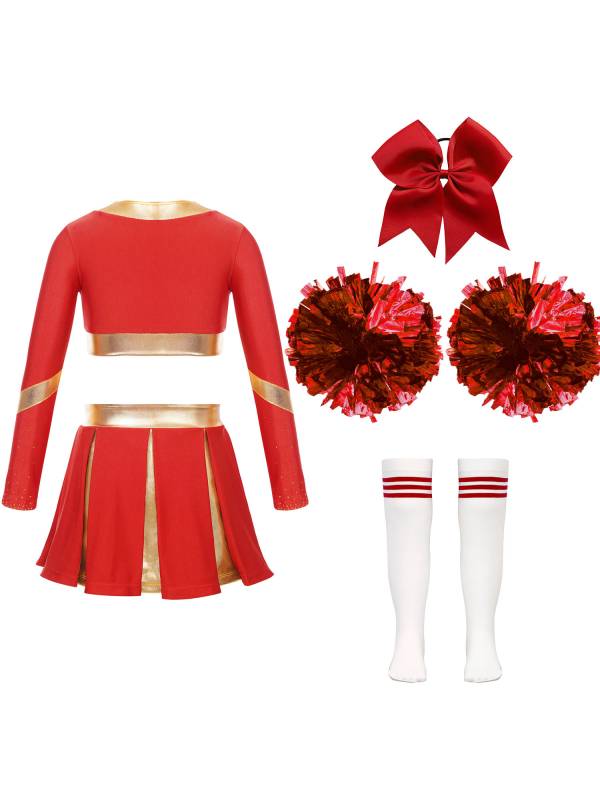 Kids Girls Long Sleeve Crop Top with Pleated Skirt Cheerleading Sets thumb