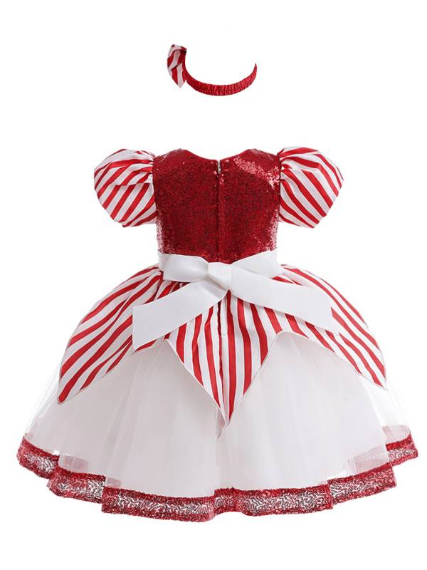 Kids Girls Christmas Puff Sleeve Sequins Bowknot Princess Dress with Headband thumb