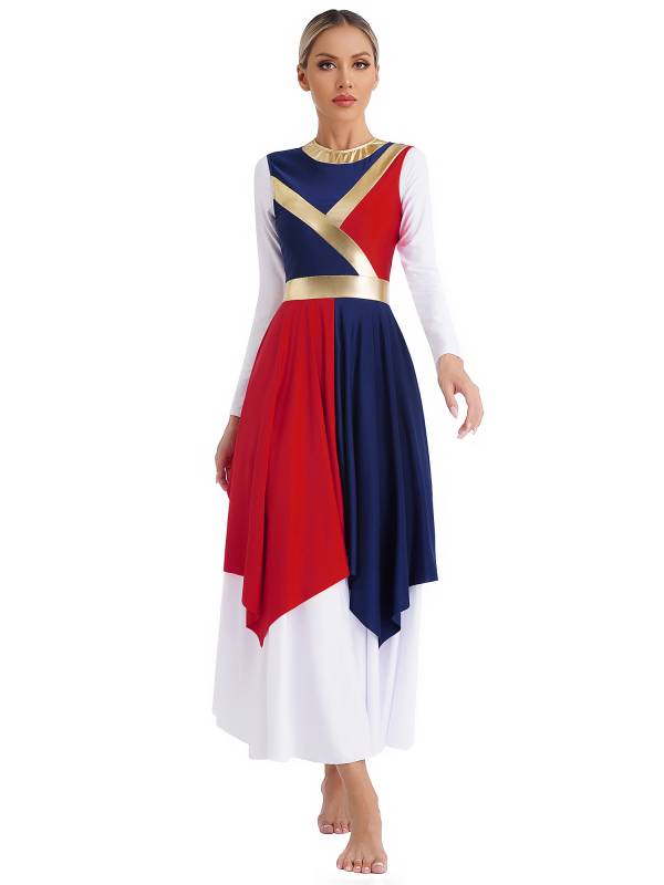 Women Sleeveless Metallic Color Block Liturgical Dance Dress thumb
