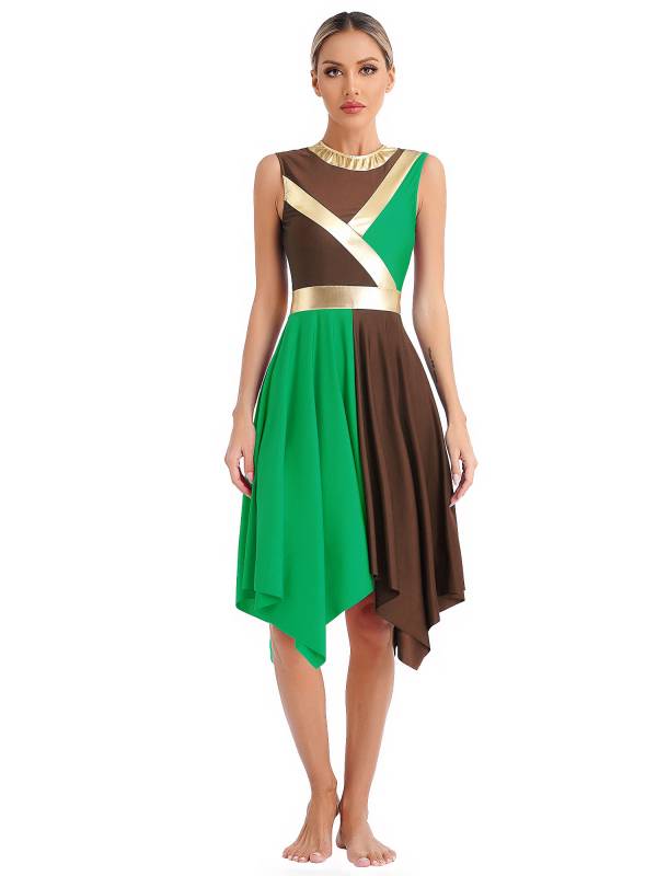 Women Sleeveless Metallic Color Block Liturgical Dance Dress thumb