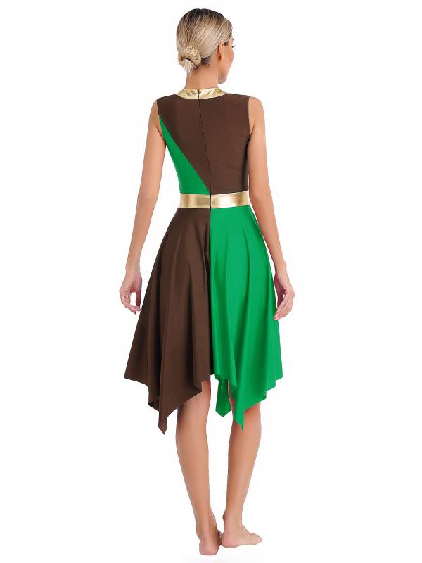 Women Sleeveless Metallic Color Block Liturgical Dance Dress thumb
