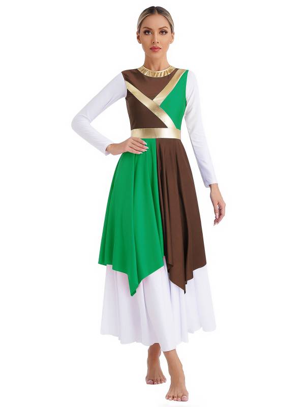 Women Sleeveless Metallic Color Block Liturgical Dance Dress thumb