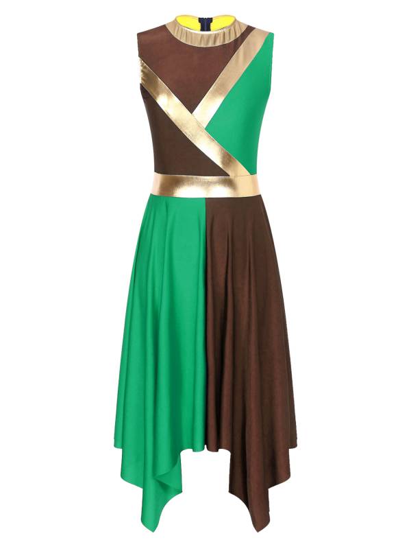 Women Sleeveless Metallic Color Block Liturgical Dance Dress thumb