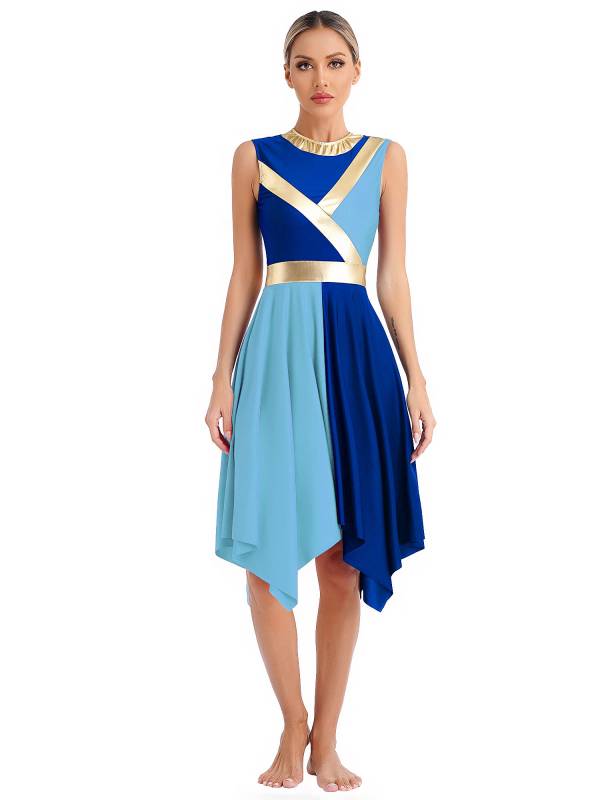 Women Sleeveless Metallic Color Block Liturgical Dance Dress thumb