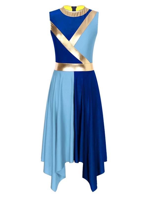 Women Sleeveless Metallic Color Block Liturgical Dance Dress thumb