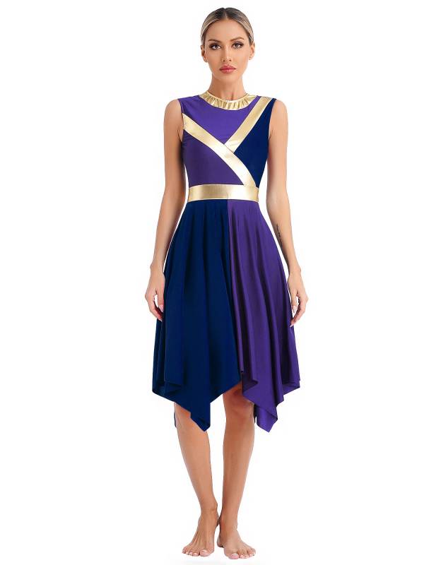 Women Sleeveless Metallic Color Block Liturgical Dance Dress thumb