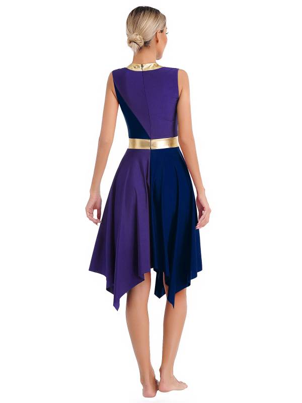 Women Sleeveless Metallic Color Block Liturgical Dance Dress thumb