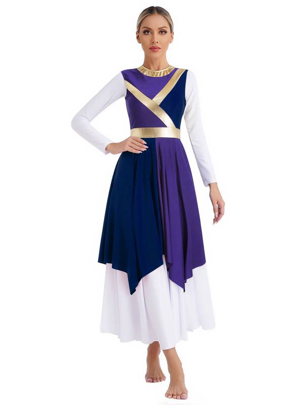 Women Sleeveless Metallic Color Block Liturgical Dance Dress thumb