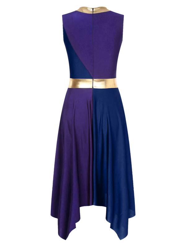 Women Sleeveless Metallic Color Block Liturgical Dance Dress thumb