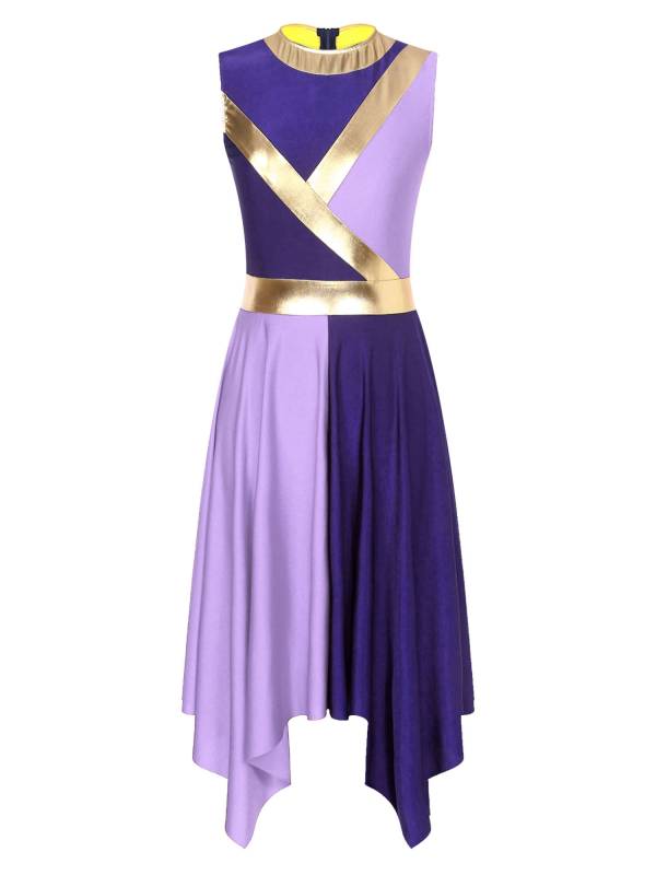 Women Sleeveless Metallic Color Block Liturgical Dance Dress thumb
