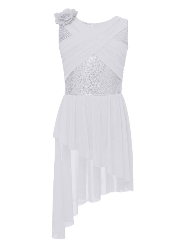 Kids Girls Sleeveless Sequins Mesh Asymmetrical Lyrical Dance Leotard Dress thumb