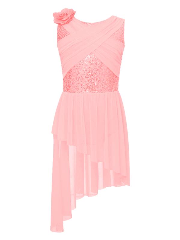 Kids Girls Sleeveless Sequins Mesh Asymmetrical Lyrical Dance Leotard Dress thumb