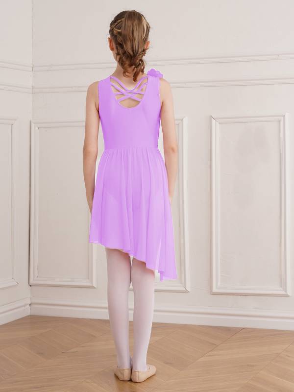 Kids Girls Sleeveless Sequins Mesh Asymmetrical Lyrical Dance Leotard Dress thumb