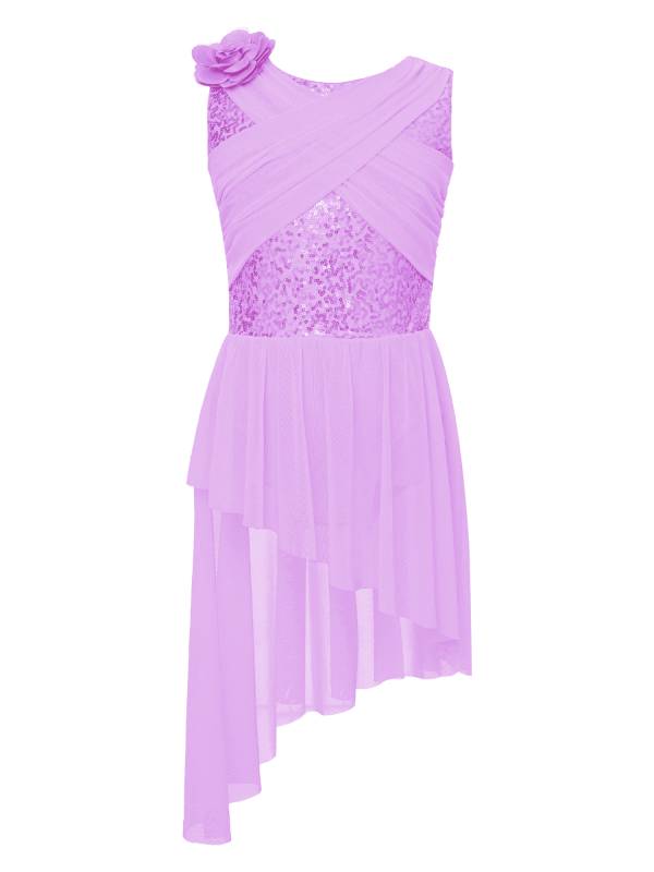 Kids Girls Sleeveless Sequins Mesh Asymmetrical Lyrical Dance Leotard Dress thumb