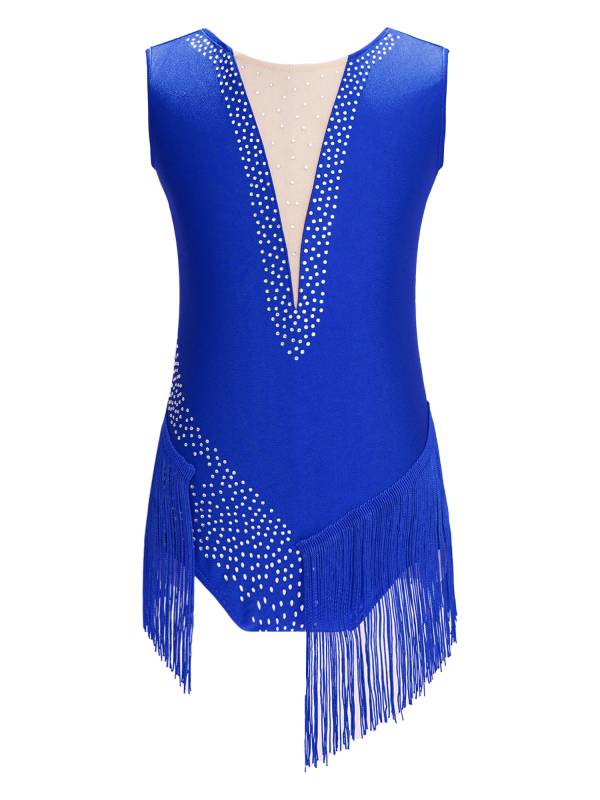 Kids Girls Sleeveless Rhinestones Tassel Rhythmic Gymnastics Leotard thumb