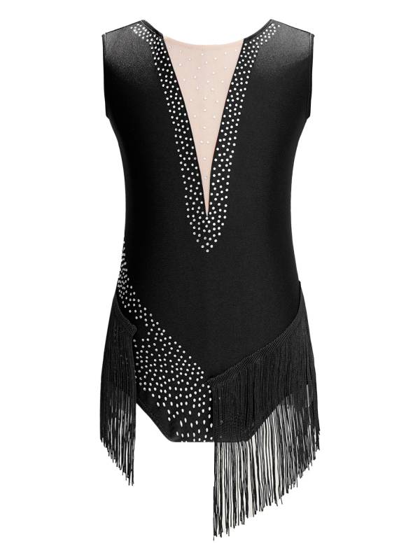 Kids Girls Sleeveless Rhinestones Tassel Rhythmic Gymnastics Leotard thumb