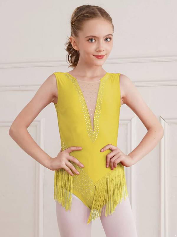 Kids Girls Sleeveless Rhinestones Tassel Rhythmic Gymnastics Leotard thumb