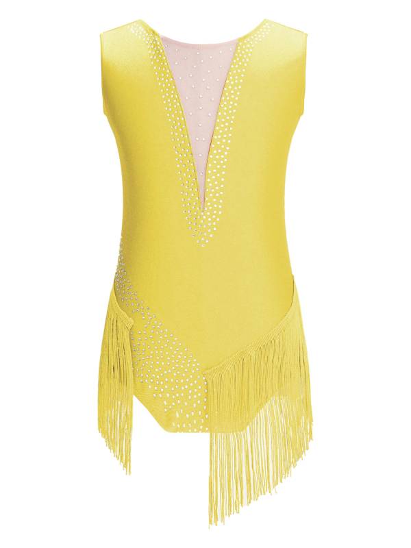 Kids Girls Sleeveless Rhinestones Tassel Rhythmic Gymnastics Leotard thumb