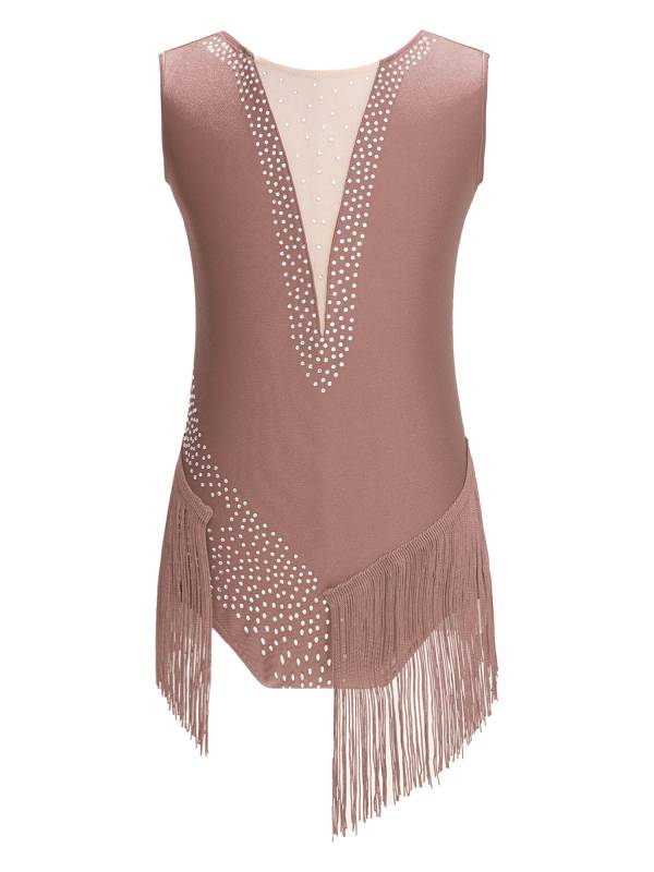 Kids Girls Sleeveless Rhinestones Tassel Rhythmic Gymnastics Leotard thumb