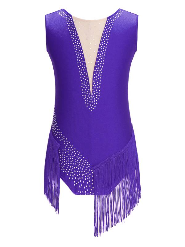 Kids Girls Sleeveless Rhinestones Tassel Rhythmic Gymnastics Leotard thumb